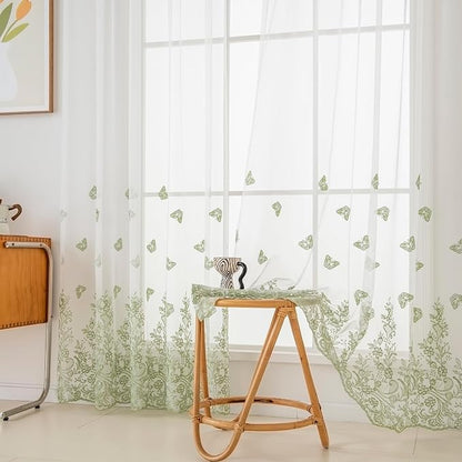 White Sheer Voile Curtains Green Embossed Butterflies 84 Inches | Light by VISIONTEX