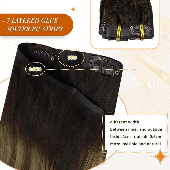 Full Shine Balayage Clip in Hair Extensions 22 Inch Seamless Hair Extensions Clip in Dark Brown to Medium Brown with Caramel Blonde Real Human Hair 8 PCS 120 G