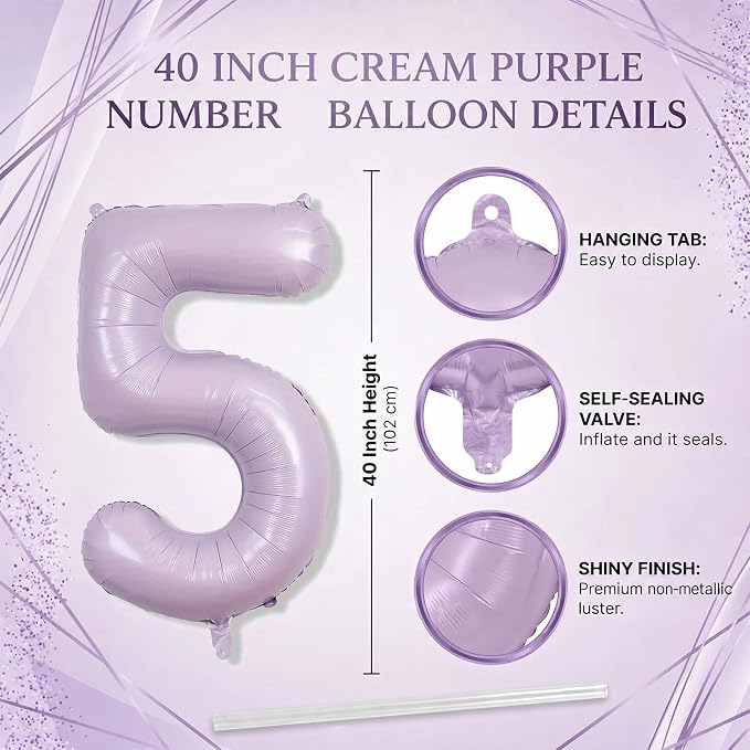 Cream Purple Number 5 Balloon 40 Inch, Foil Numeral - Image 4