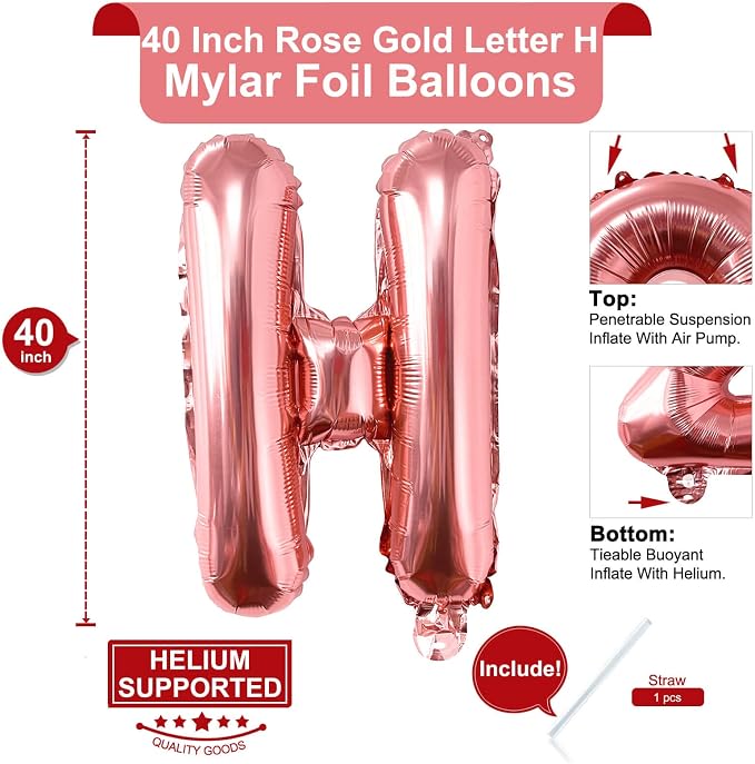 Lovoir 40 Inch Large Rose Gold Letter H Balloons Big Size Jumbo Mylar Foil - Image 2