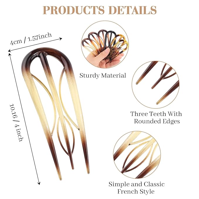 6 PCS French Hair Pins for Women - Large U-Shaped Hair Forks with Internal Teeth, Strong Hold for Thick & Thin Hair, Effortless French Twists, Updos, Buns & Chignons, Hairstyle Accessories