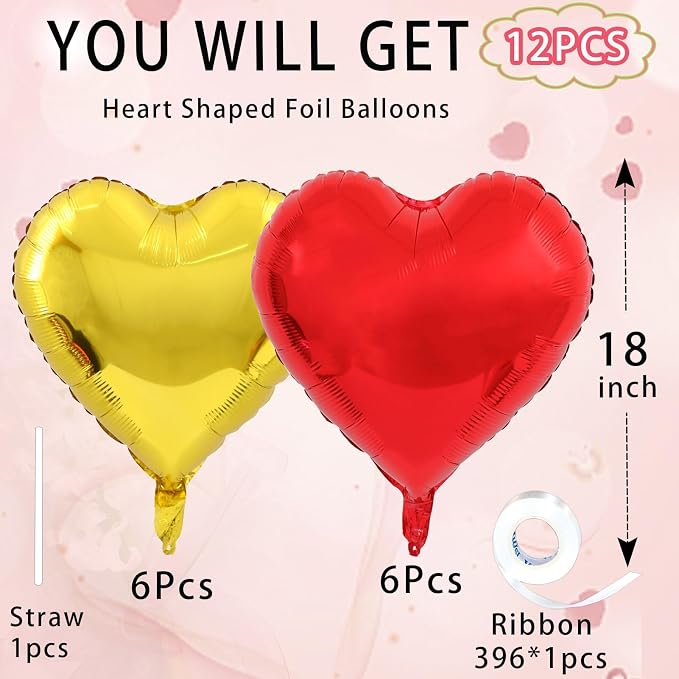 Gold-Red Heart Balloons, 18inch Gold Heart Shaped Foil Balloons & Red Foil - Image 3