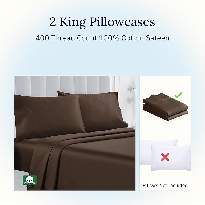 California Design Den Cotton King Pillowcase Set - 400 Thread Count, 100% Cotton Sateen Pillowcases, Set of 2 Pillow Covers, Soft and Breathable - Espresso Chocolate Brown