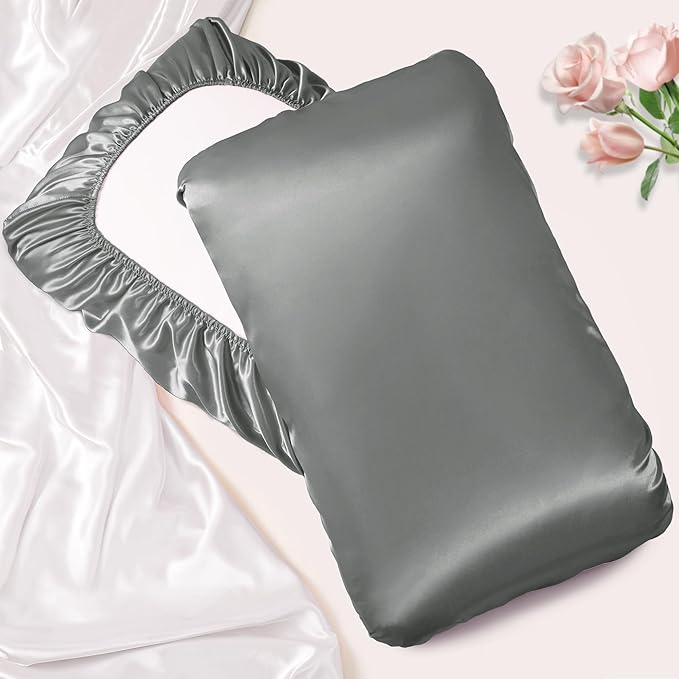 Manyshofu Satin Pillowcases for Hair Protection - 1Pcs Grey Pillow Cases, Elastic Band Standard & Queen Satin Pillowcases Luxury Silky Pillow Cases Travel Pillow Covers