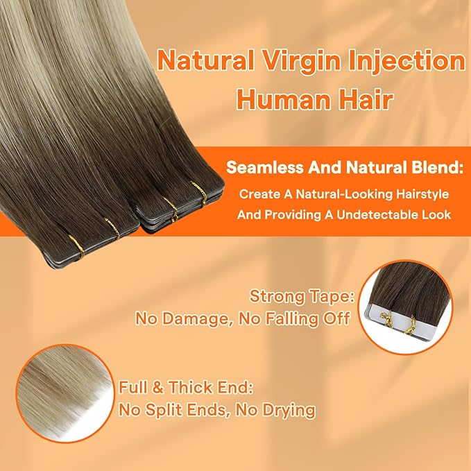 Full Shine Intact Tape ins Human Hair Extensions Color 2/18/22 Invisible Virgin Tape in Hair Extensions 18 Inch Injection Machine Remy Tape In Extensions 25Gram 10Pcs For Wedding