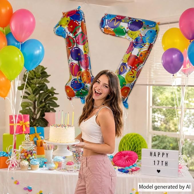 40 Inch Rainbow Balloon Number 17 Balloons, Giant 17th Birthday Supplies | Huge - Image 2