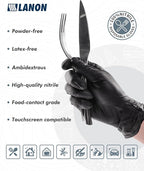 LANON Protection Food Safe Disposable Nitrile Gloves, Latex-Free, Powder-Free, Silicone-Free, Textured Fingertips, Cooking, Black，Large