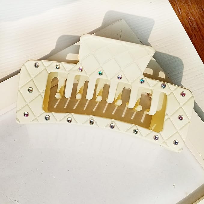 Bling bling Rhinestones Square Hair Clips Double Row Teeth,2 Rows Teeth Rectangle Hair Claw Clips with Shiny Rhinestones,Women Girls Sparkly Thick Hair Accessories Set (cream beige grey)