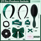 Hair Accessories Kit for Women, 27 PCS Set Included Hair Scrunchies, Claw Clips, Bow Clips, Hair Brush and Headband Hair Gift for Women (Dark Green)