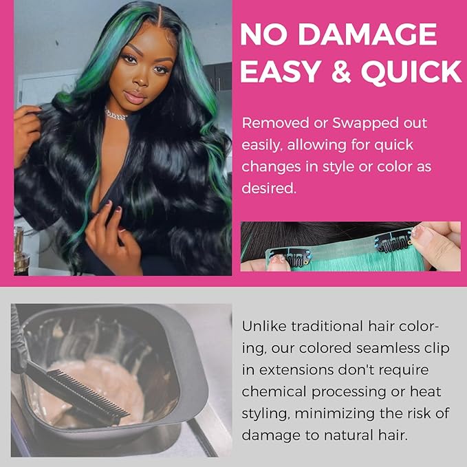 Lashey Green Hair Extensions Real Human Hair 58g 4pcs Straight Seamless Clip in Hair Extensions Human Hair for Black Girls 24 Inch Highlight Colored Clip ins