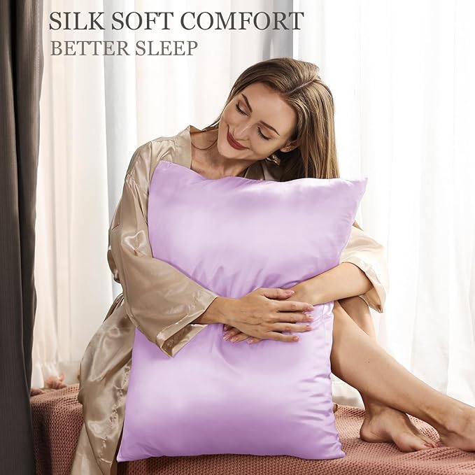 Adubor Mulberry Silk Pillowcase for Hair and Skin with Hidden Zipper, Both Side 23 Momme Silk, 900 Thread Count (20x36 inches, King Size, Light Purple, 1pc)