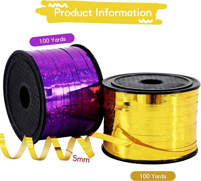 BEISHIDA 2 Pack 100 Yards Purple Gold Curling Crimped Glitter Ribbon Balloon - Image 2