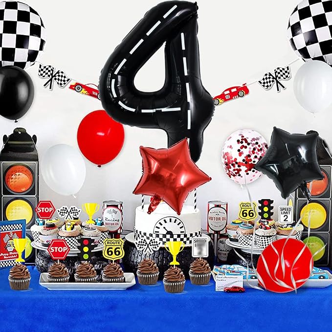 TONIFUL 40 Inch Race Car 4th Birthday Balloons Racetrack Number 4 Black & White - Image 5