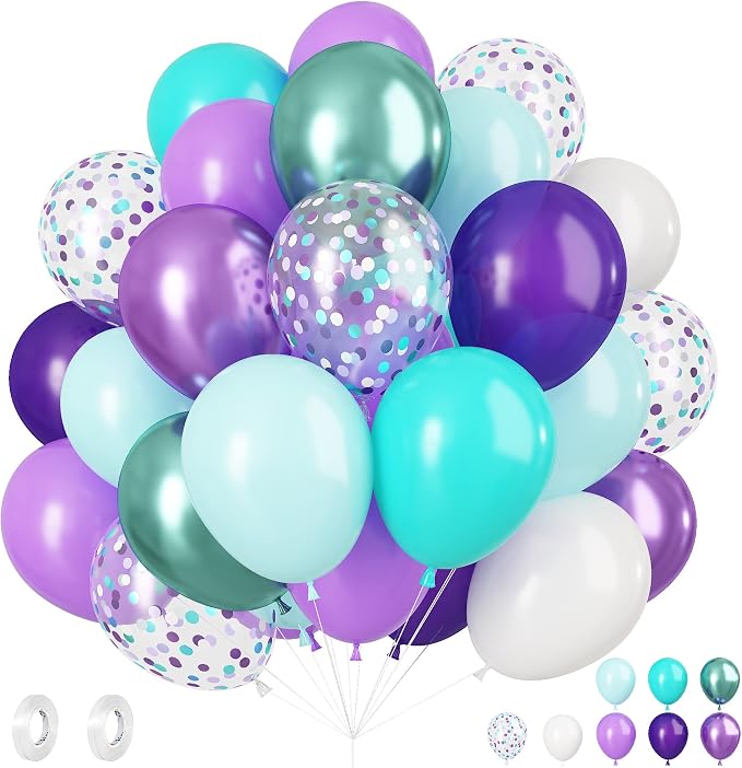 Mermaid Party Balloons, 12Inch Purple Blue Confetti Latex Balloon Helium by BIAPIAN