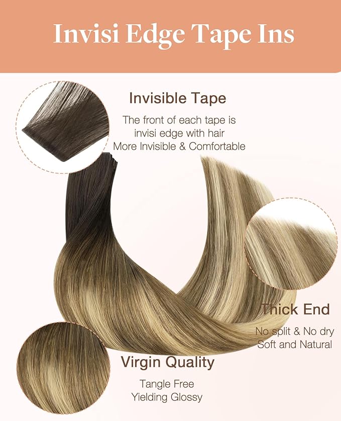 GOO GOO Invisi Edge Tape in Hair Extensions Human Hair, 2/6/18 Balayage Brown to Dirty Blonde, 20pcs 24inch 50g, Virgin Remy Hair, Seamless Injected Tape, Natural Look