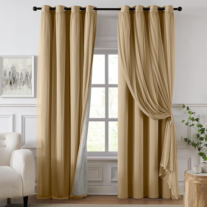 100% Blackout Curtains for Bedroom, Double Layer Khaki Curtains, Room Darkening by Swandream