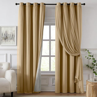 100% Blackout Curtains for Bedroom, Double Layer Khaki Curtains, Room Darkening by Swandream