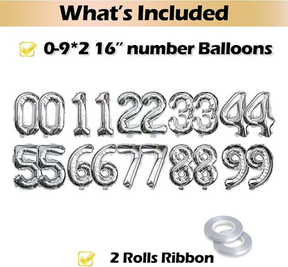 20 Pcs Silver 16" Number Balloons 2 Sets 0-9 Foil Balloon Numbers Décor | - Image 3