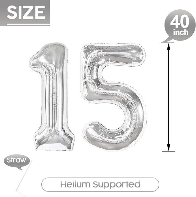 15 Balloon - Silver Birthday Number Balloons, 40 Inch Decorations Men Women | - Image 5