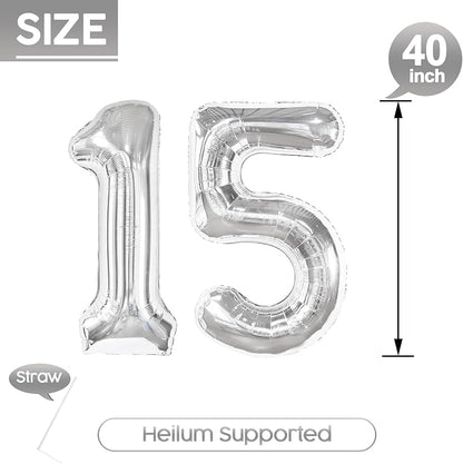 15 Balloon - Silver Birthday Number Balloons, 40 Inch Decorations Men Women | - Image 5
