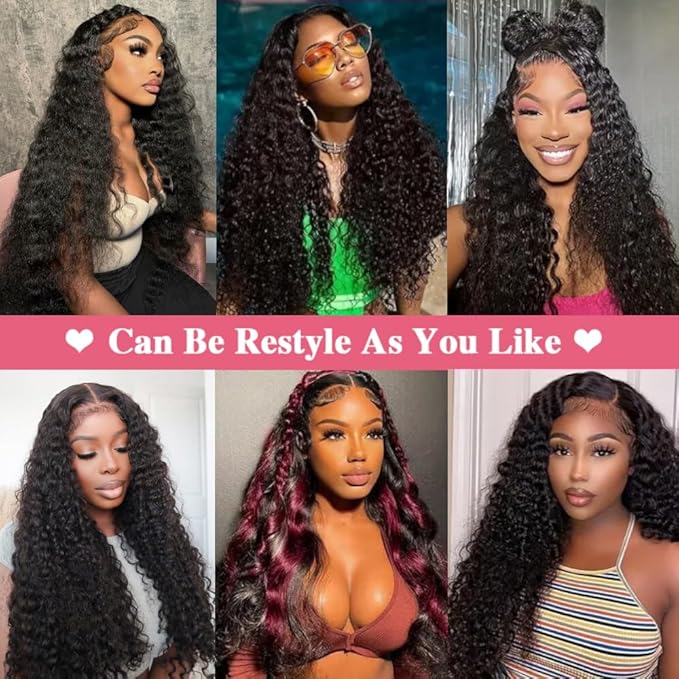 24 Inch Deep Wave Lace Front Wigs Human Hair 13x6 HD Transparent Deep Wave Lace Front Wigs for Women 250% Density Curly Human Hair Wigs Pre Plucked Natural Color