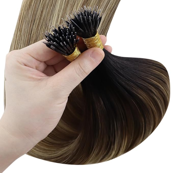 YoungSee Nano Ring Hair Extensions Ombre Dark Brown to Blonde Pre Bonded Nano Beads Human Hair Extensions Long Straight Nano Ombre Hair Extension Cold Fusion 20inch 50g 50s