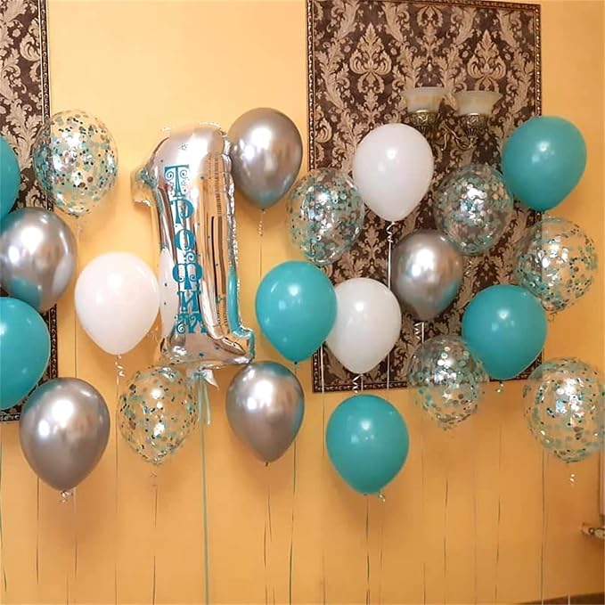 Teal Blue Silver Balloons, Aqua Blue White Silver - Image 5