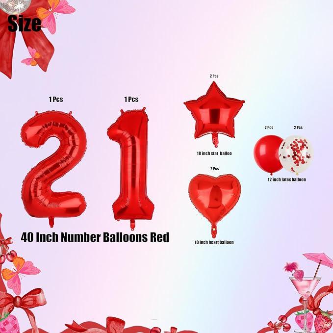 40 Inch Red Number Balloons 21 Mylar 12th 21st Birthday Party Decor 10 Pcs | - Image 2