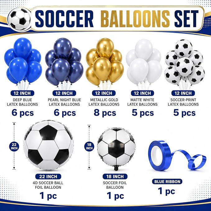 Soccer Balloons, 12 Inch Navy Blue Gold and White Football Theme Balloons - Image 2