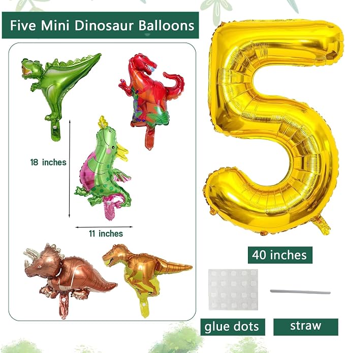 LilyZheng Dinosaur Balloon Number 5, 40 Inch Gold Foil Balloon and 5 Mini - Image 2