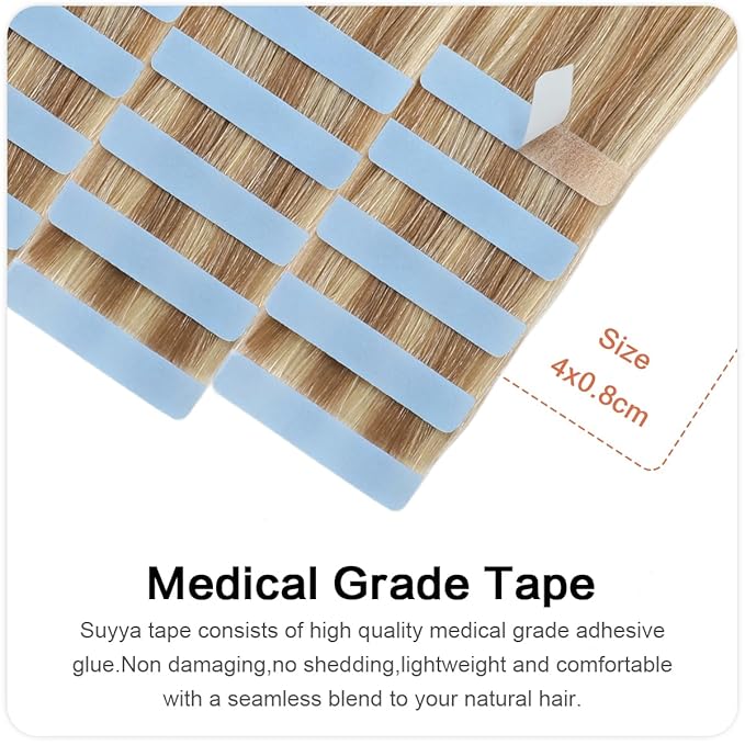 SUYYA Invisible Tape in Hair Extensions Human Hair Seamless Injected Hand-Tied Pro Quality Virgin Human Hair Tape Ins Ash Blonde Highlighted Bleach Blonde 20PCS 40G/Pack Straight(14 inch #P18/613)
