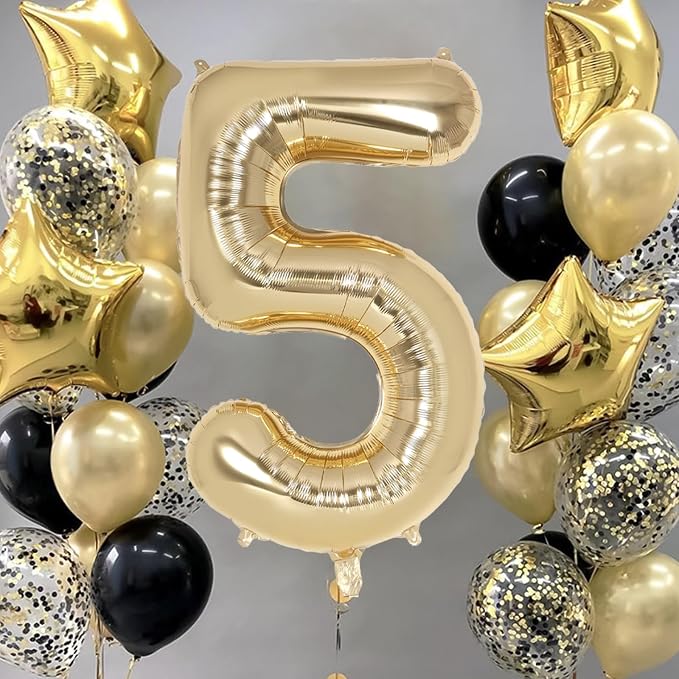 Champagne Gold Large Number 5 Balloon, 40 Inch Light Gold Foil Helium Number - Image 2