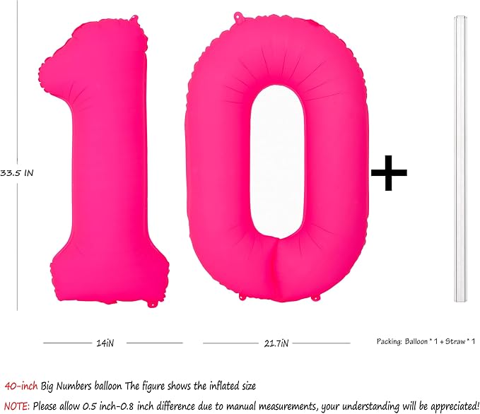 Pink Birthday Number 10 Balloons 40IN Fluorescent Pink 10 Foil Balloon | - Image 2