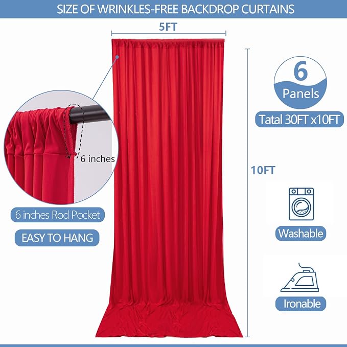 30x10ft Wrinkle Free Red Backdrop Curtain - Image 2