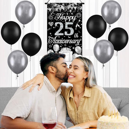 Happy Anniversary Decorations Small Banner Black Silver Happy 25th Anniversary - Image 2