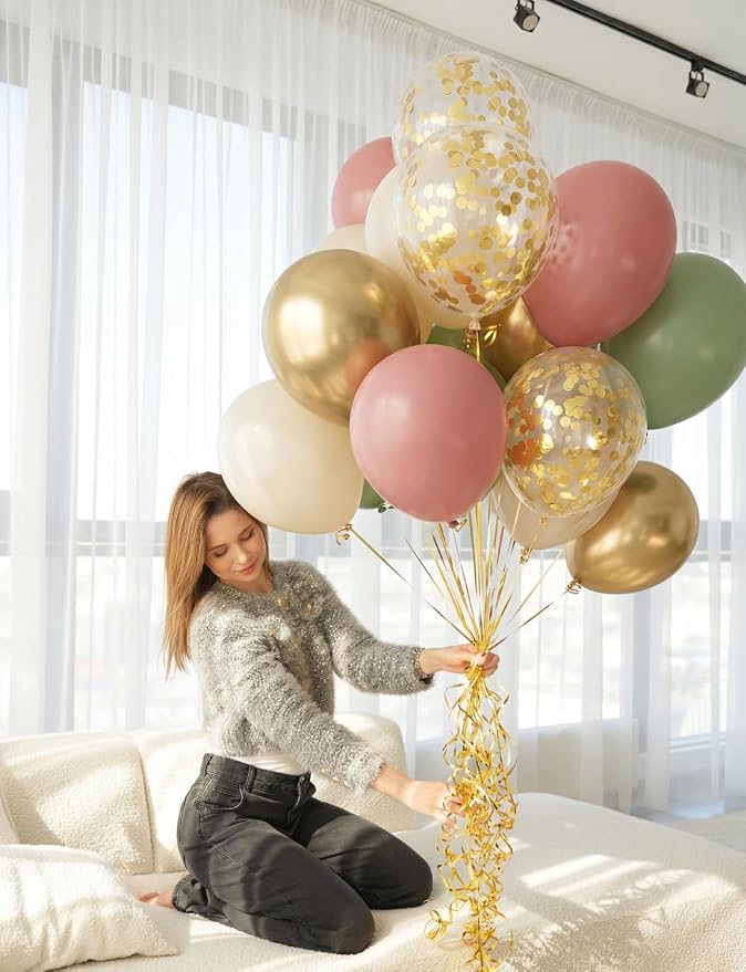 Pink and Green Balloons, Latex Party Decor | Sage Green Blush Pink Gold - Image 6