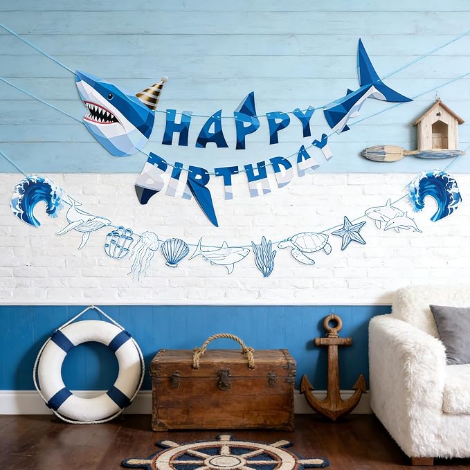 SUNBEAUTY Shark Birthday Party Decorations Shark Happy Birthday Banner Ocean - Image 6