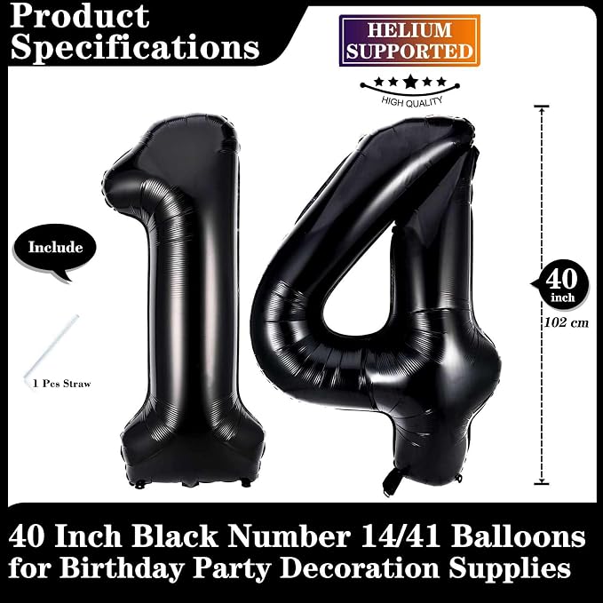 Black 14 Number Balloons, 40 Inch Giant Number 14 Balloons Foil Mylar Helium - Image 2