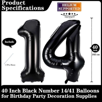 Black 14 Number Balloons, 40 Inch Giant Number 14 Balloons Foil Mylar Helium - Image 2
