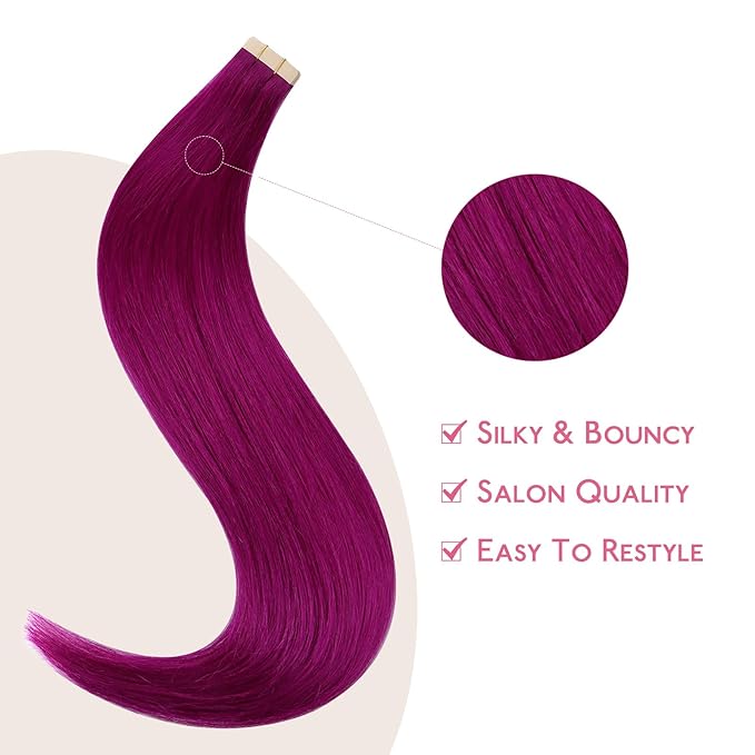 WENNALIFE Tape in Hair Extensions Human Hair Violet Tape in Extensions, 10pcs 25g 16 inch Remy Invisible Tape Ins Straight Colored Soft Real Human Hair Tape in Extensions Refill Set Extensions