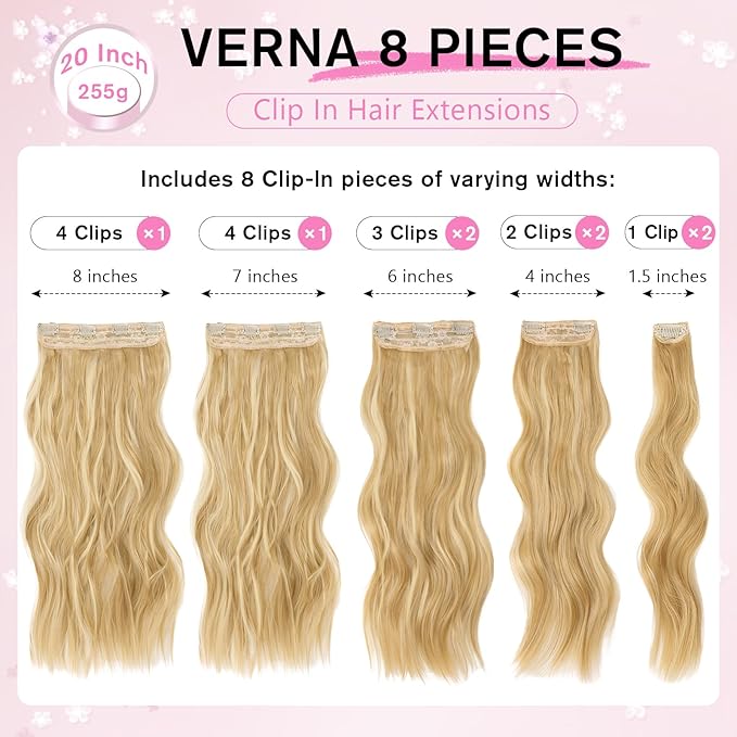 Hair Extensions for Women, 8PCS 20Inch Honey Blonde Mix Beach blonde Clip in Hair Extensions, Synthetic Long Wavy Curly Clip Ins, Full Head Thick Hairpieces for Women