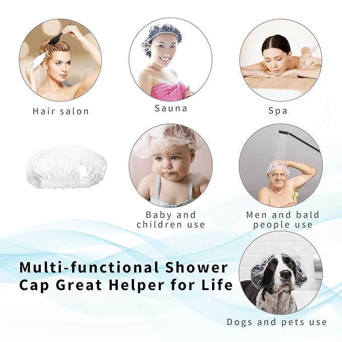 100PCS Larger Shower Caps Disposable, Thicker Waterproof Plastic Elastic Hair Bath Caps, Plastic Hair Caps for Women, Spa, Home Use, Hotel and Hair Salon, Portable Travel