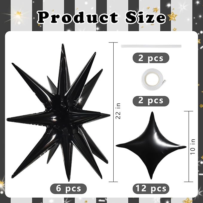 TONIFUL 18Pcs 22Inch Black Large Explosion Star Mylar Balloons and 10Inch Four - Image 2