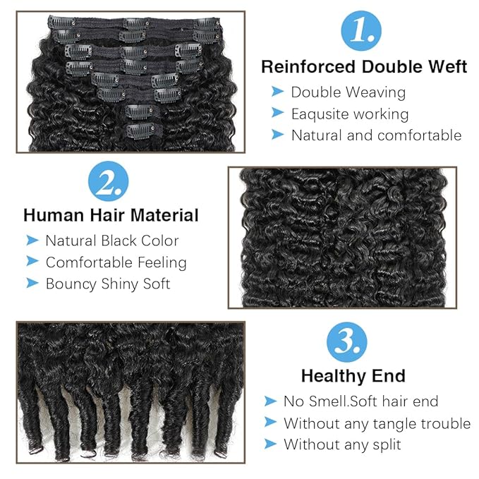 Burmese Curly Clip in Hair Extensions Real Human Hair, 8Pcs Remy Human Hair Clip in Extensions for Women, Natural Soft Human Hair, 120g 14inch #1B Natural Black