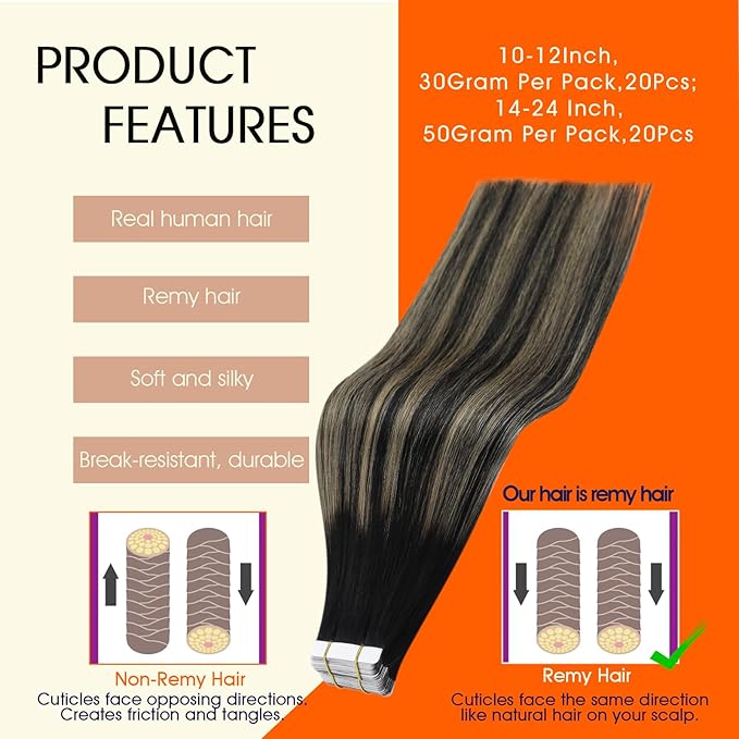 Full Shine Tape ins Human Hair Extensions Balayage Tape in Hair Extensions 16Inch Seamless Skin Weft Tapes Extension 20pcs 1B Black to 27 Honey Blonde with 1B Invisible Straight Full Head 50G