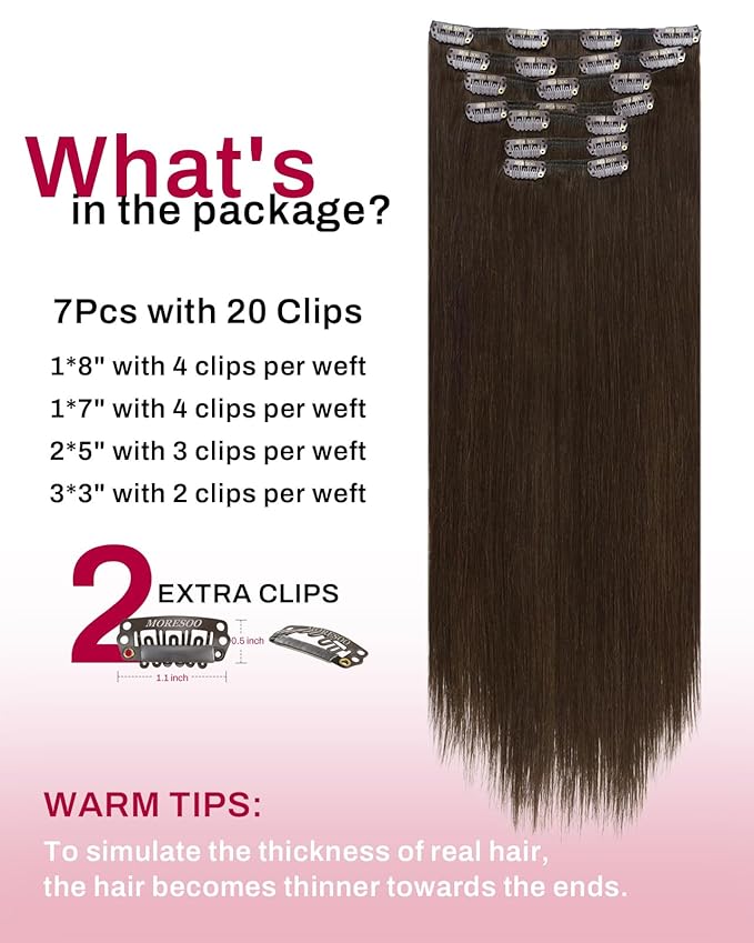 Moresoo Brown Clip in Hair Extensions Remy Double Weft Human Hair Clip in Extensions Straight Hair Extensions for Women Medium Brown #4 7pcs 135g 20inch