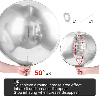 PartyWoo Metallic Silver Large Round Giant Foil 4D Balloons 3pcs 50 Inch | 50 - Image 4