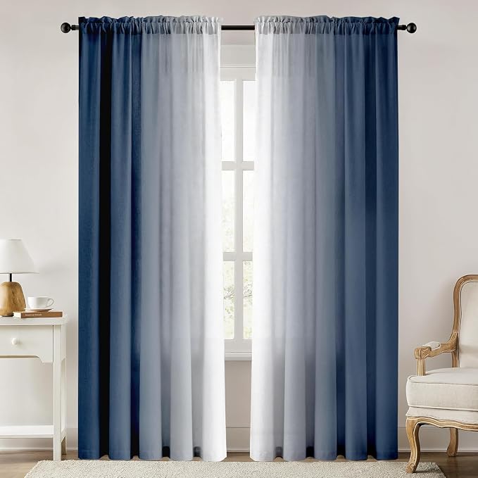 Blue and White Ombre Curtains 84 Inches Length 2 Panels | Light-Filtering - Image 2