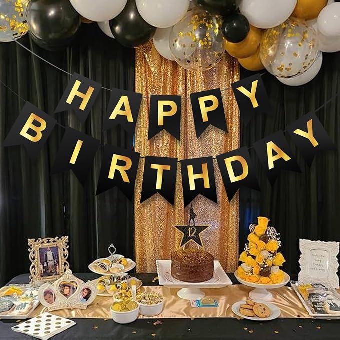 Happy Birthday Banner, Pre-Strung Black and Gold Party Decorations，16ft - Image 6