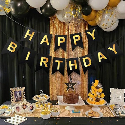 Happy Birthday Banner, Pre-Strung Black and Gold Party Decorations，16ft - Image 6